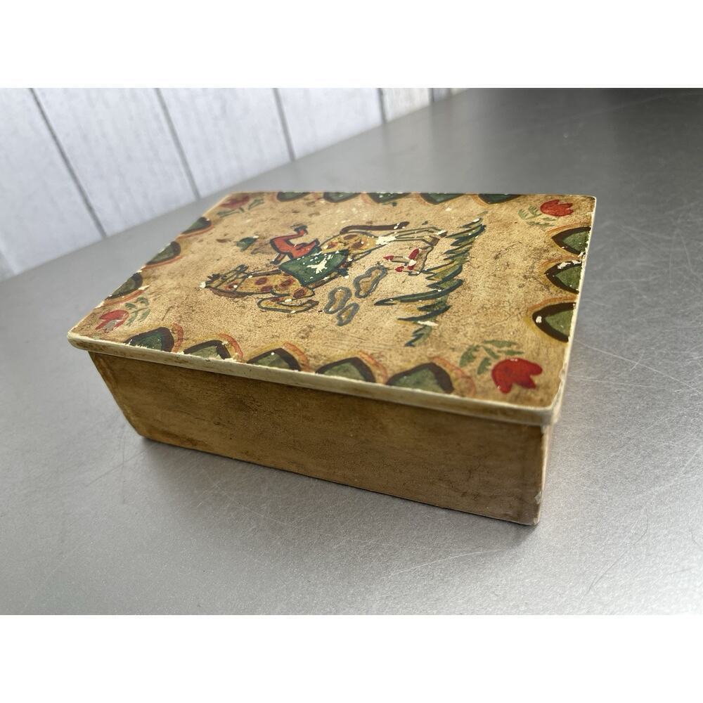 Vintage Horse Flower Wooden Hand Painted Trinket Jewelry Box Decor